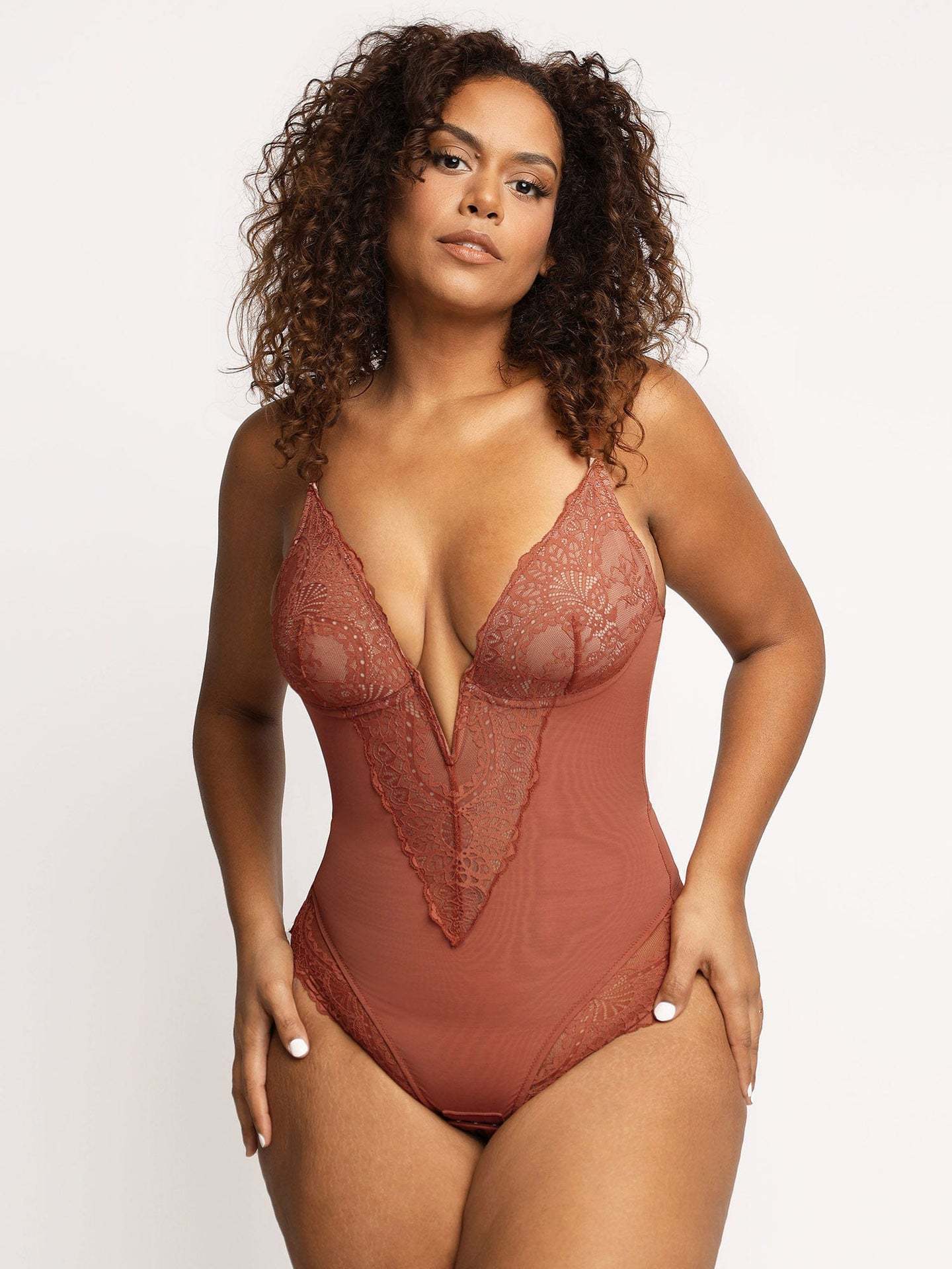 Leonora Deep-V Lace Shapewear Bodysuit
