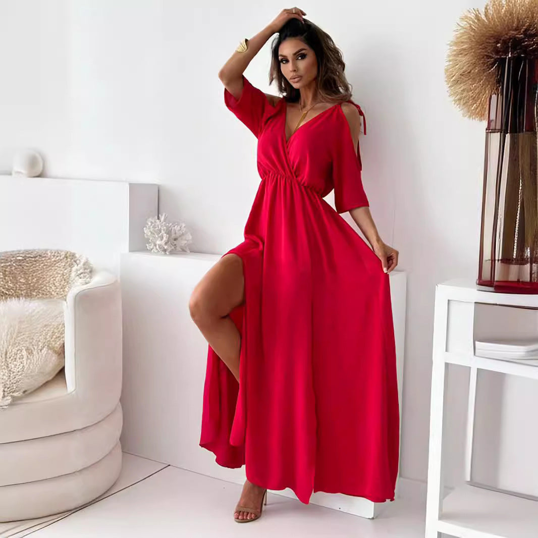 Elegant Sexy V-neck dress with side slit for women
